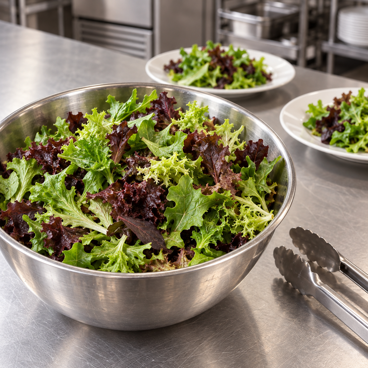 Spring mix greens in a stainless steel bowl at a restaurant salad preparation counter