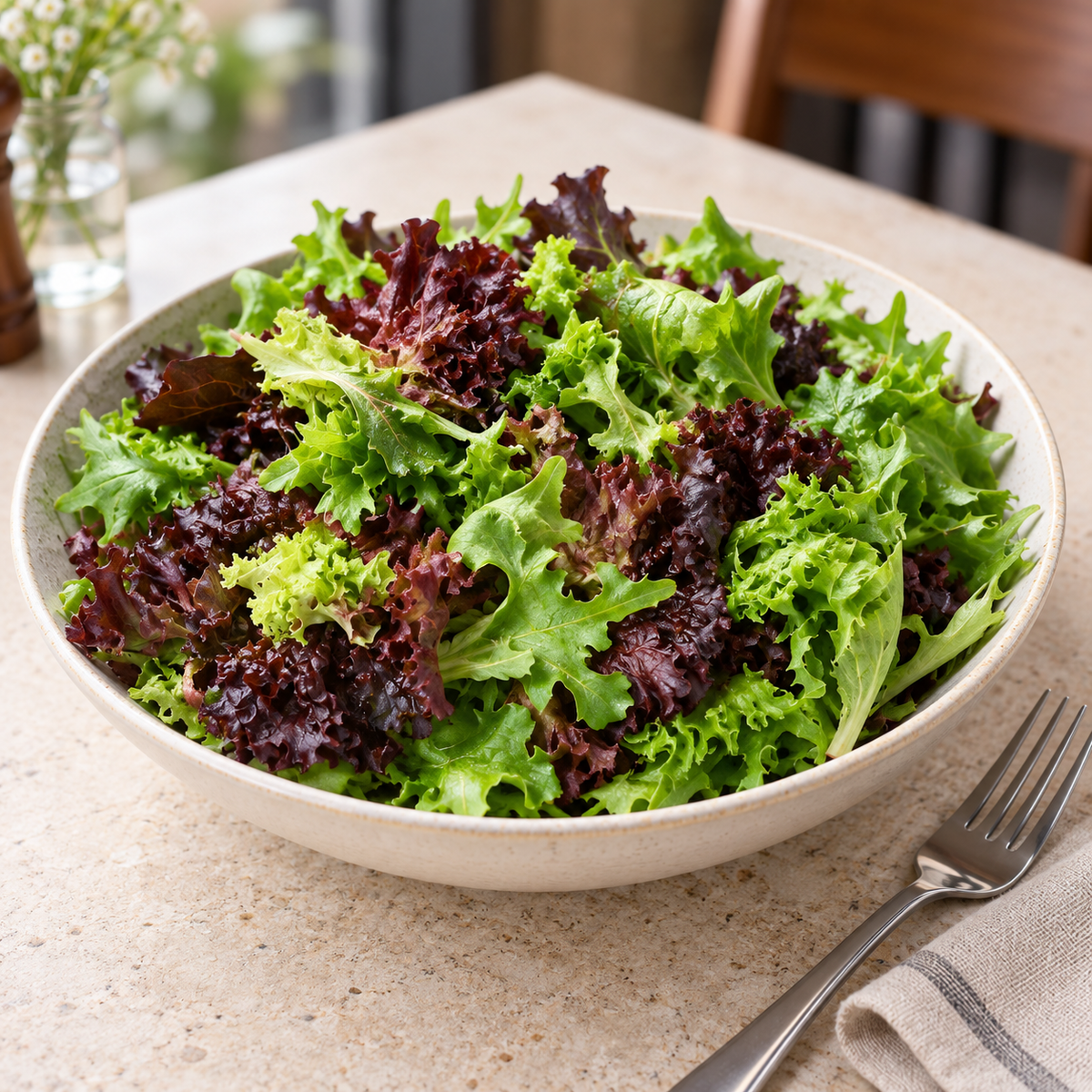 Spring mix salad greens served in a ceramic bowl; serving suggestion for the 3 lb case