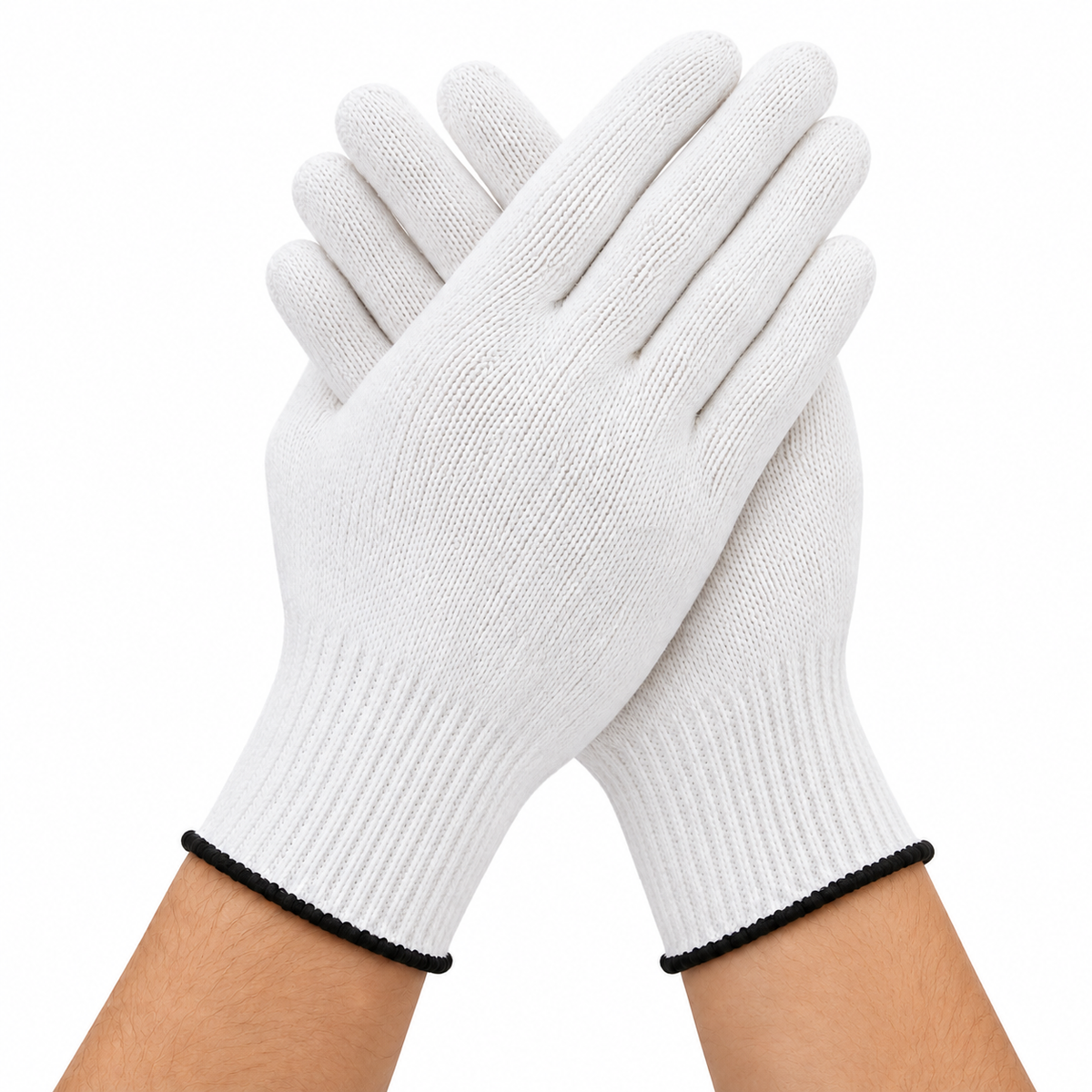 Wees Express white cotton butcher gloves with ribbed cuffs and black cuff edging, sold as 12 gloves / 6 pairs