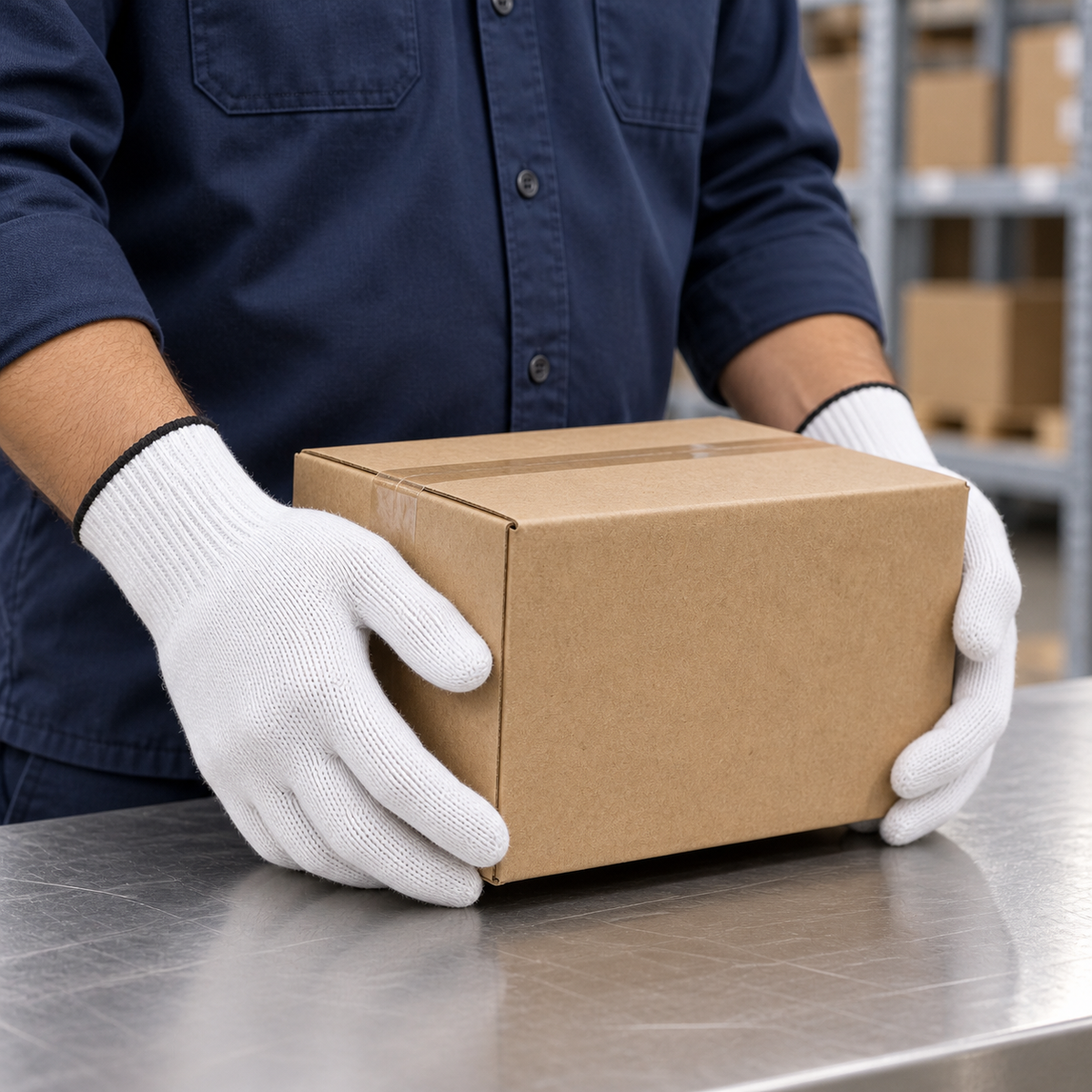 Wees Express white cotton butcher gloves worn while handling a small closed carton at a commercial receiving bench