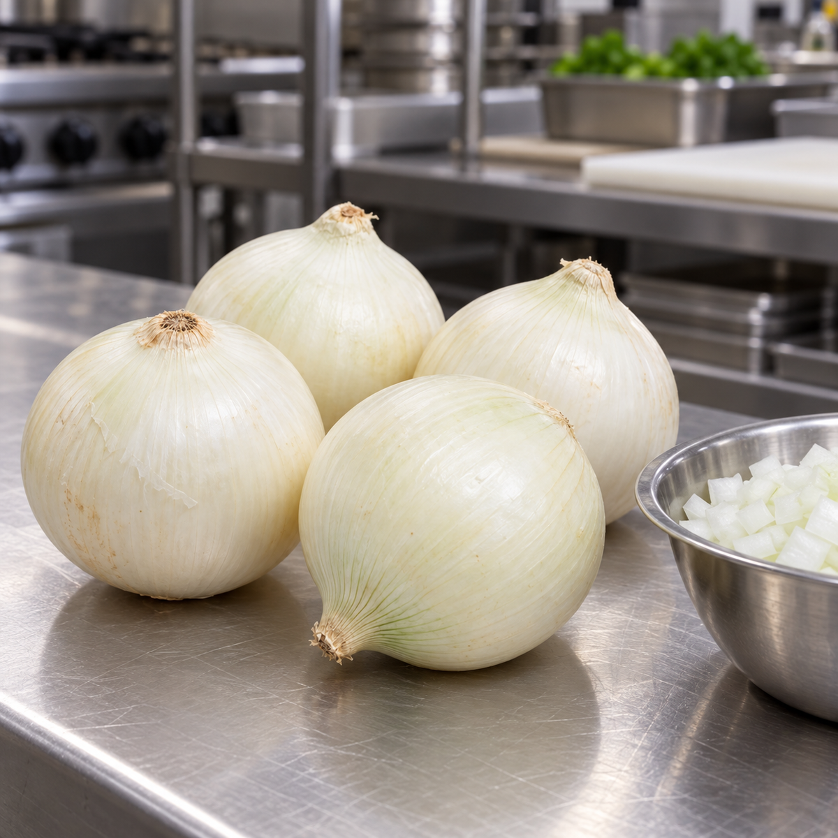 Whole white onions beside a bowl of diced onions on a stainless steel kitchen worktop