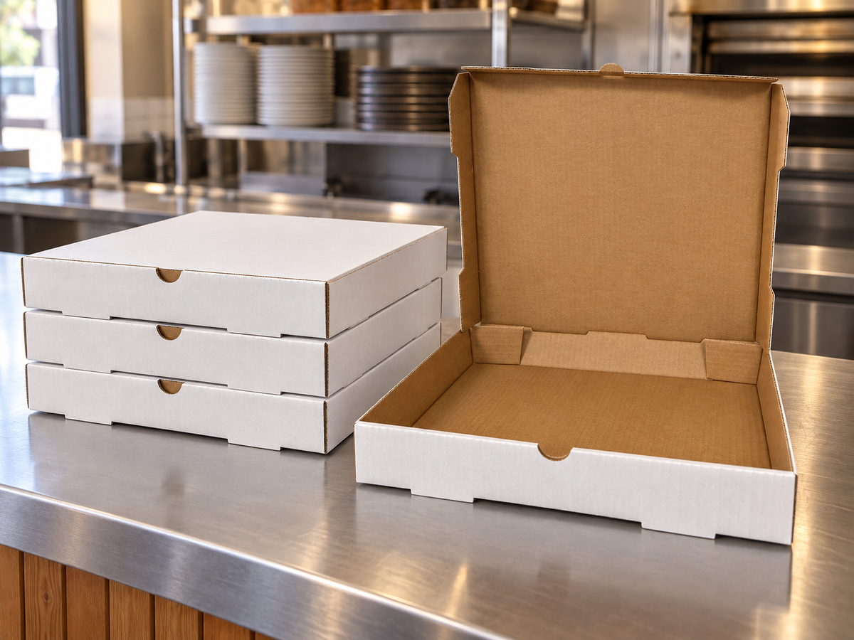 Assembled 14-inch white pizza boxes at a pickup counter with an open box showing its kraft interior