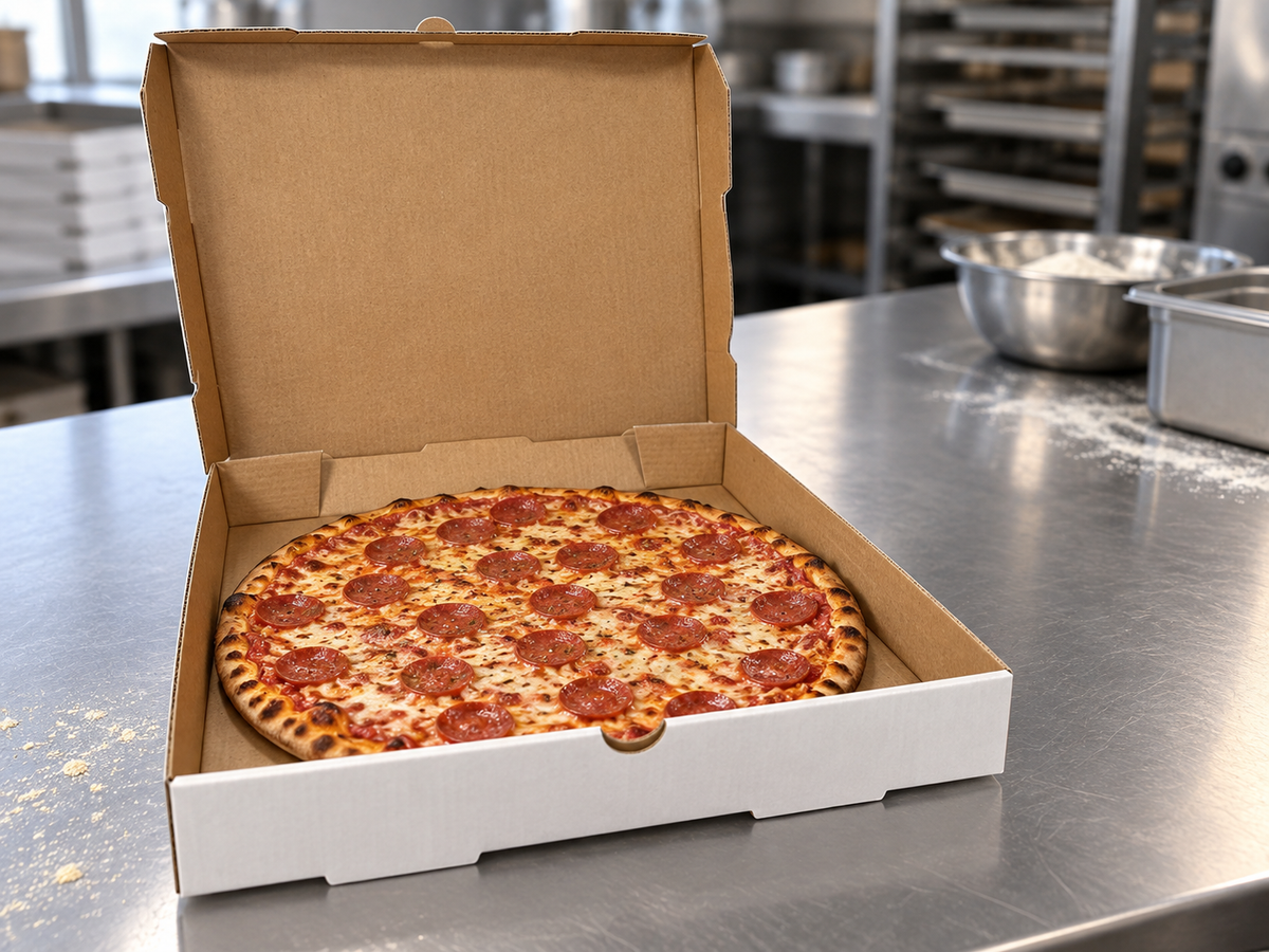14-inch white pizza box with kraft interior holding a pizza; food shown for serving illustration