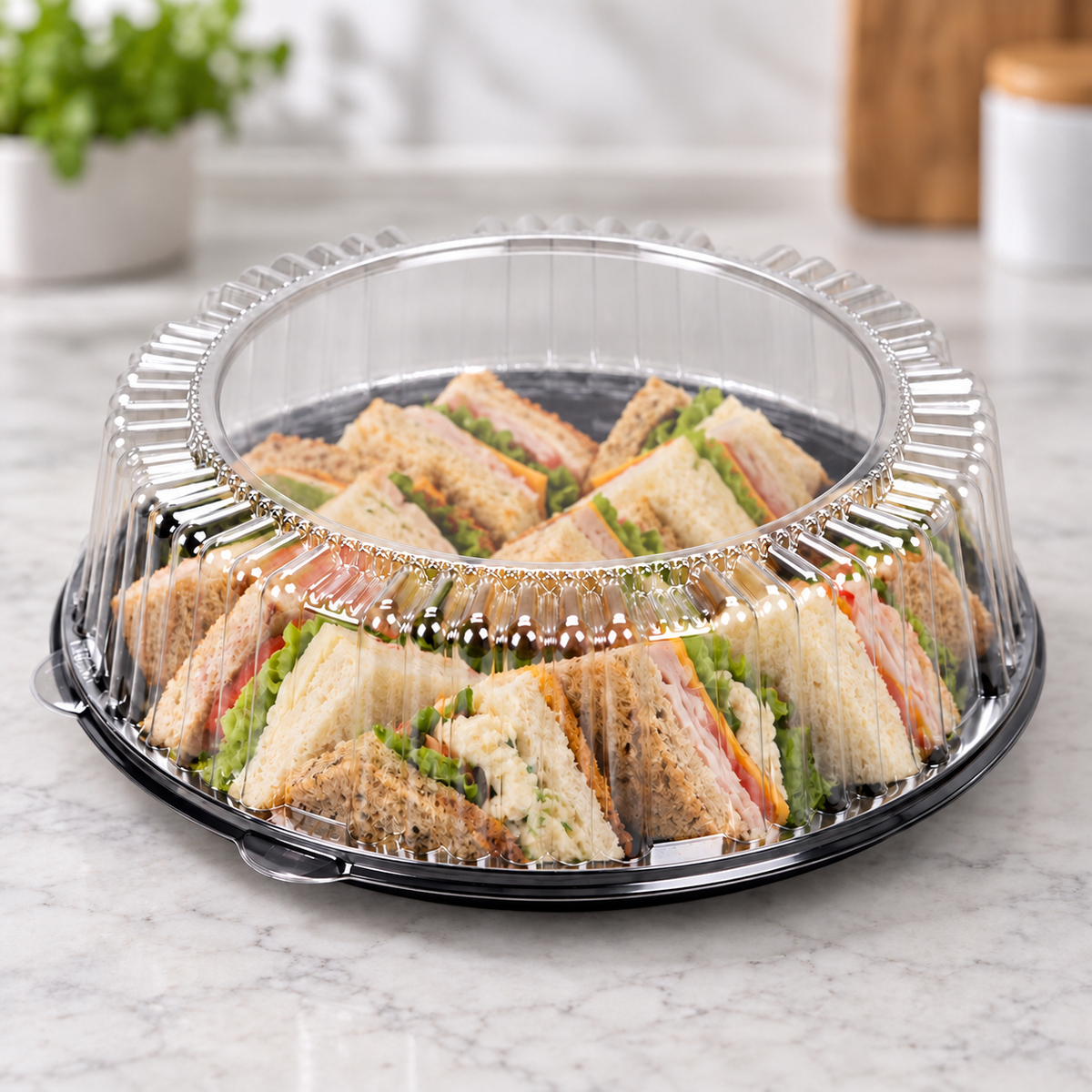 WNA 12 inch catering dome lid covering a sandwich platter; tray and food sold separately