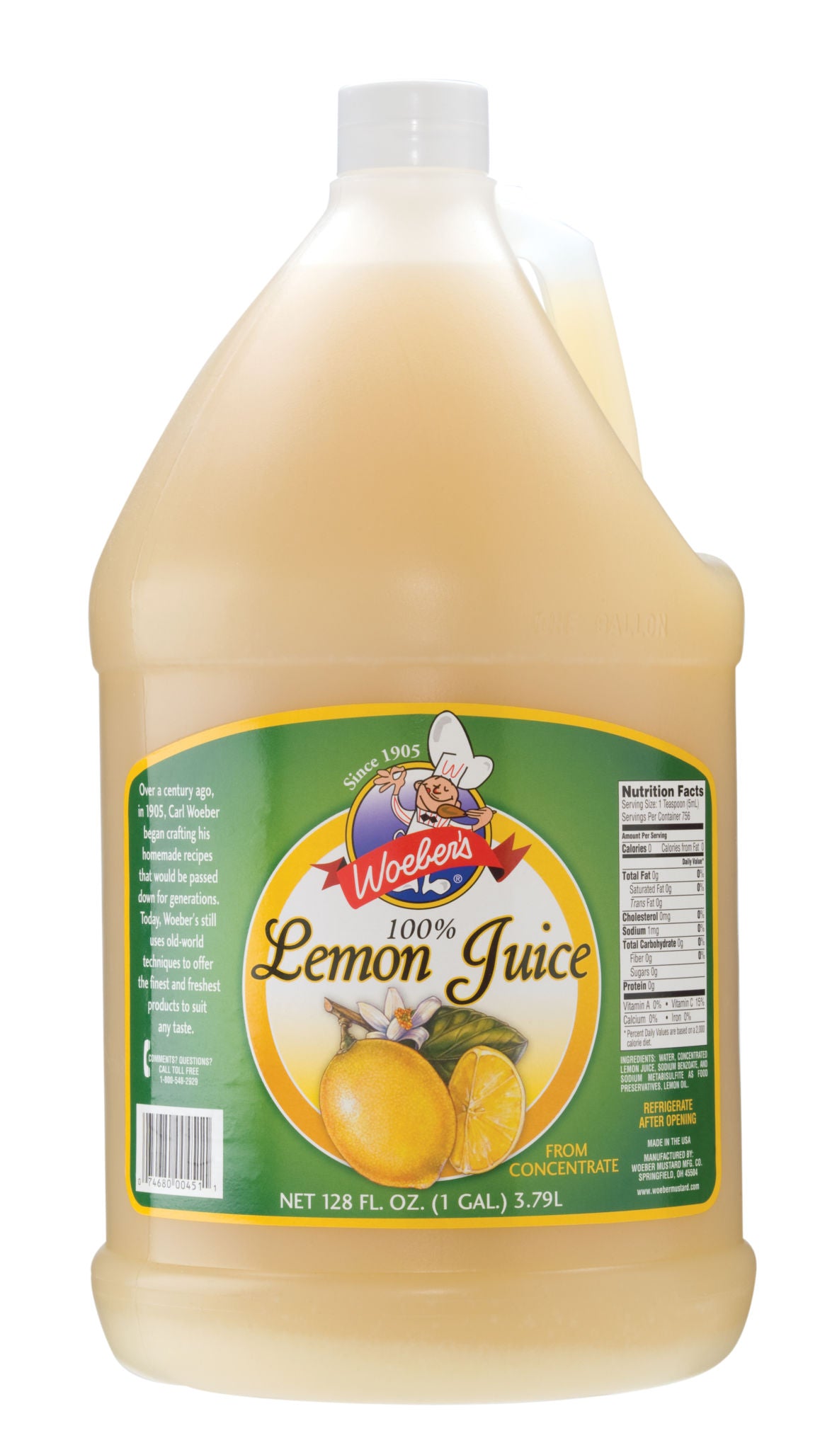 Woeber's 100% lemon juice from concentrate in a 1-gallon plastic jug; four jugs per case