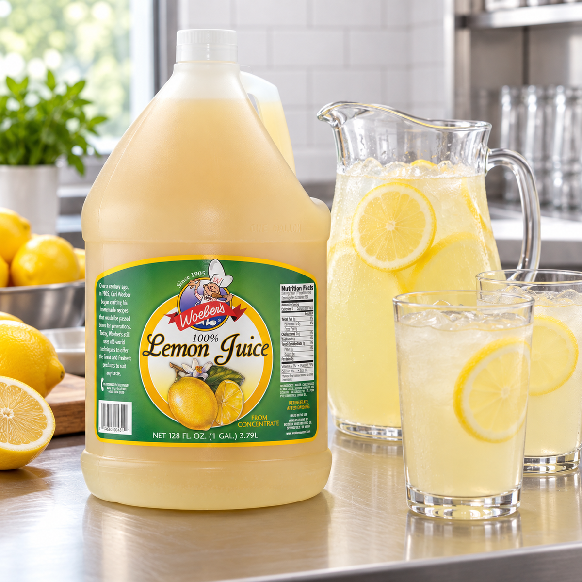 Woeber's 1-gallon lemon juice jug beside prepared lemonade; serving suggestion