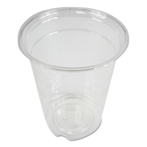 Angled view of 12 oz clear PET cold drink cup – bulk foodservice packaging.