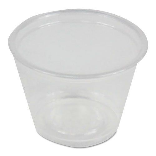 Empty 1 oz clear polypropylene plastic portion cup on a white background.