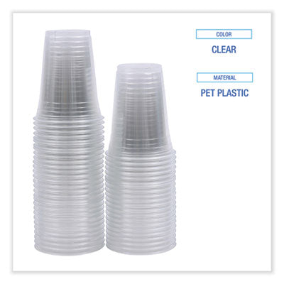 Stack of 16 oz clear PET cups – space‑saving nested design for cafés and juice bars.