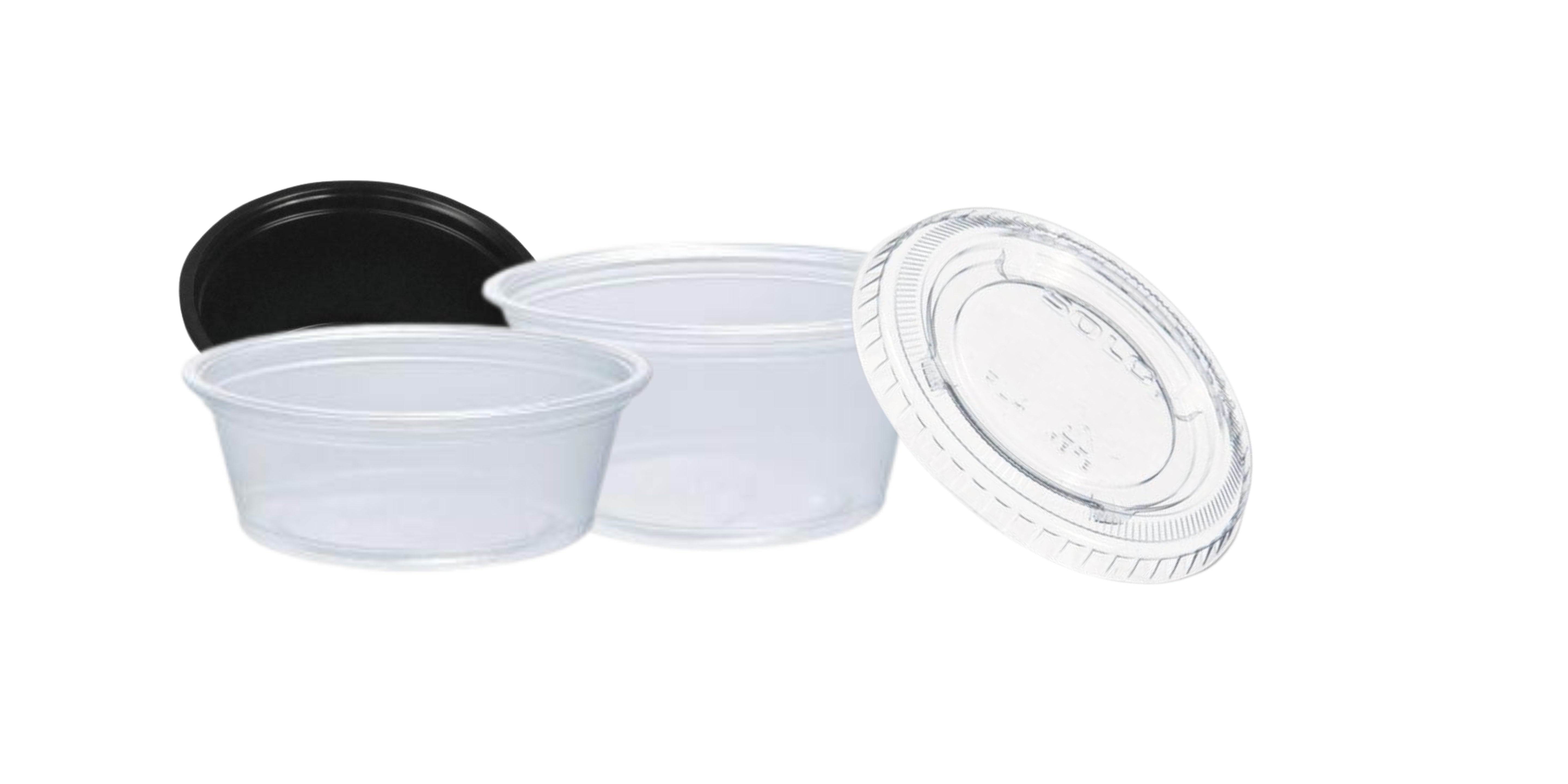 Clear plastic portion cups in various sizes (1–9 oz) with matching clear and black snap-on lids on a white background.