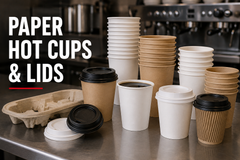 White paper hot cups with black sip-through lids for commercial beverage service