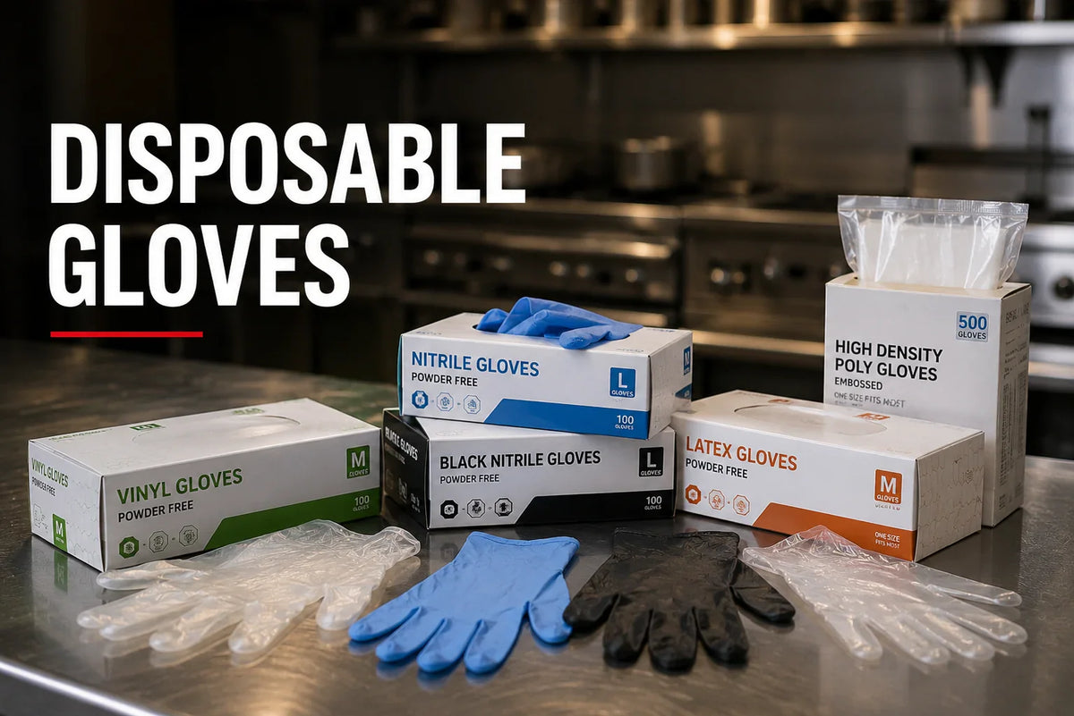 Boxes and samples of vinyl, nitrile, latex, and poly disposable gloves on a commercial kitchen counter