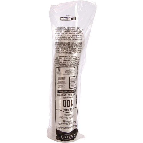 Single sealed sleeve of 100 Dart clear PET dome lids (98 mm) in printed plastic bag packaging.
