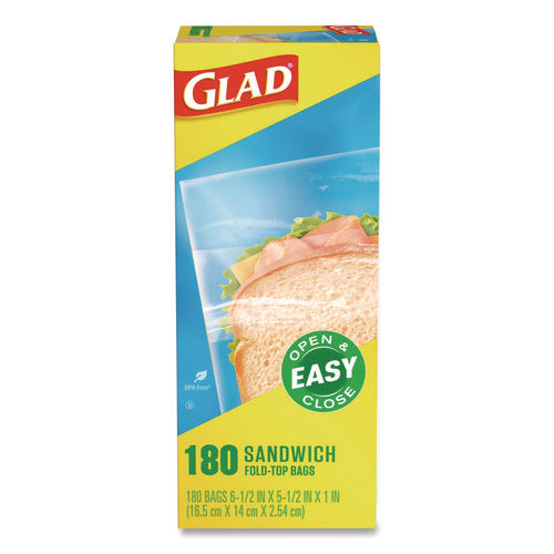Image 1: Glad Top Fold Sandwich Bags – box of 180 bags, fold-lock front view.