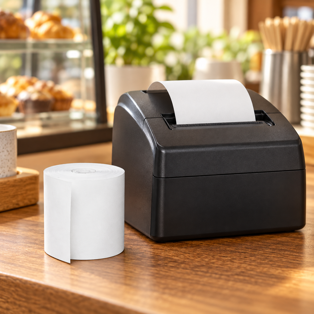 White thermal paper roll beside a receipt printer; AI-assisted example, printer not included and model fit unverified