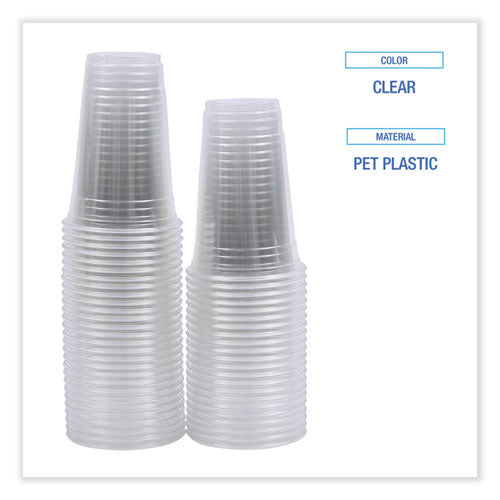 Stack of 20 oz clear PET cups – wholesale packaging for cafés, juice bars & restaurants.