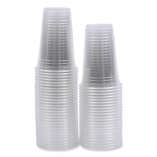 Stack of 20 oz clear PET cups – wholesale packaging for cafés, juice bars & restaurants.