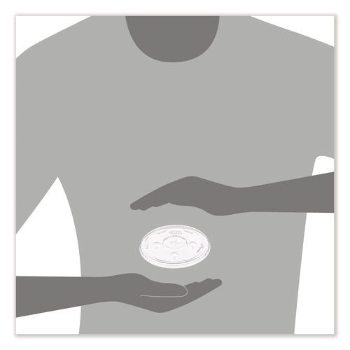 Illustration of two stylized hands exchanging a DART L32CR clear flat lid against a muted torso silhouette  
