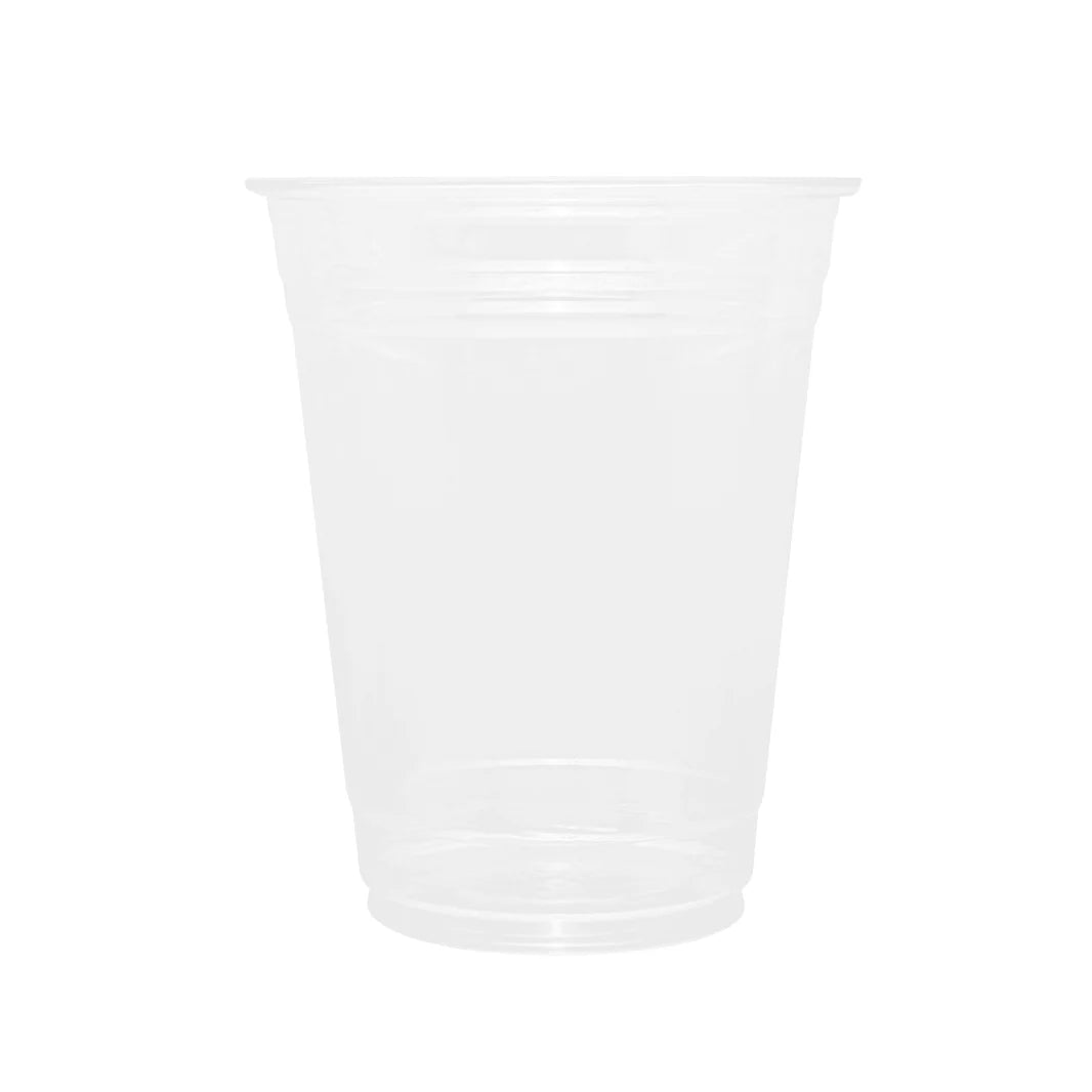 Side view of 16 oz clear PET cold drink cup – durable, crystal‑clear recyclable plastic.