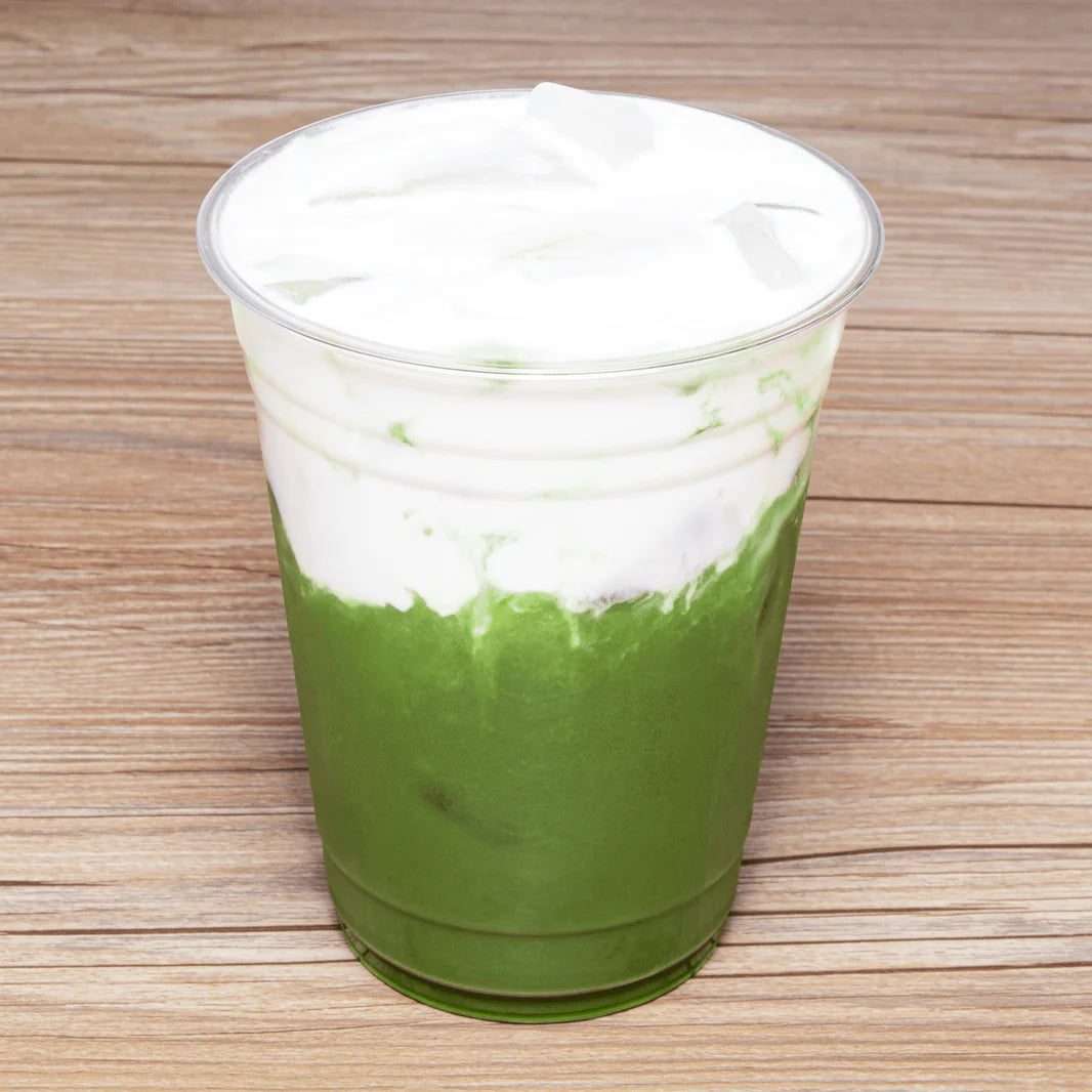 16 oz clear PET cup filled with iced matcha – crystal‑clear recyclable cold drink cup for cafés, juice bars, and tea shops.