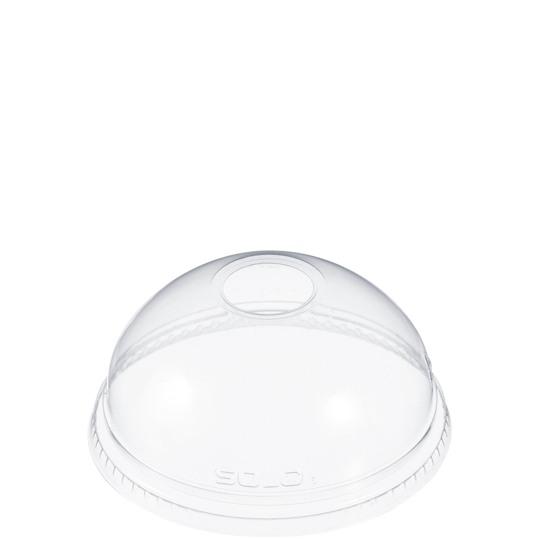 Dart clear PET dome lid with straw hole – 98 mm fits 12–24 oz PET cold cups, on white background

