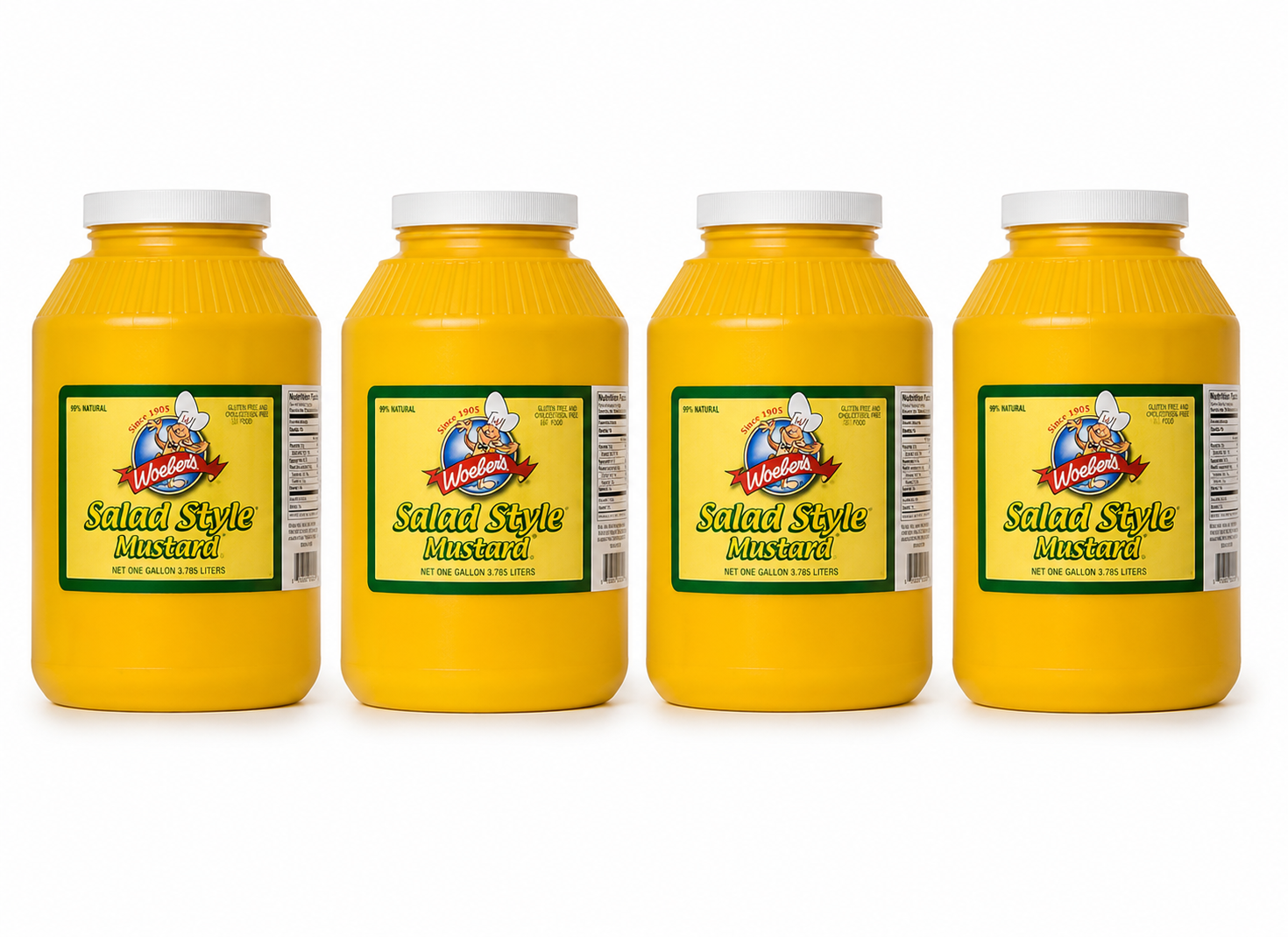 Woeber's 1 gallon yellow salad style mustard containers grouped for 4/Case