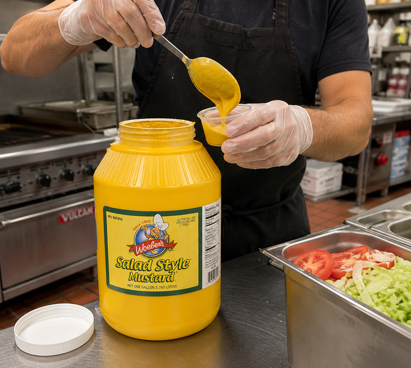 Woeber's yellow salad style mustard used in a commercial kitchen