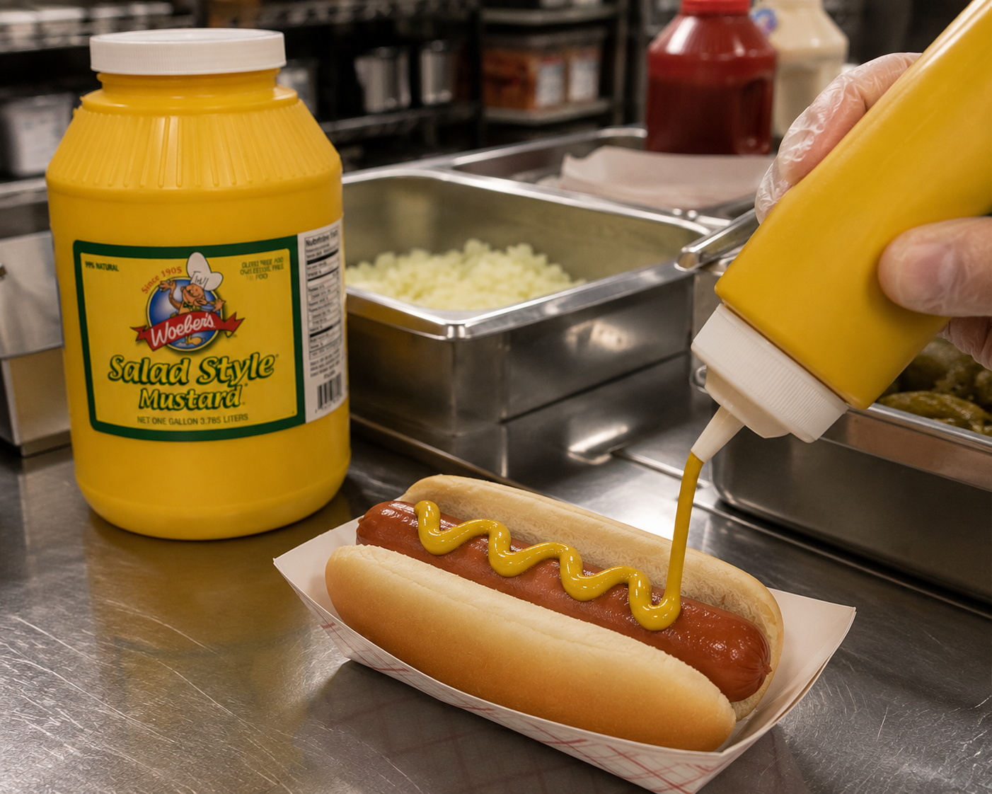 Woeber's yellow salad style mustard served on a hot dog