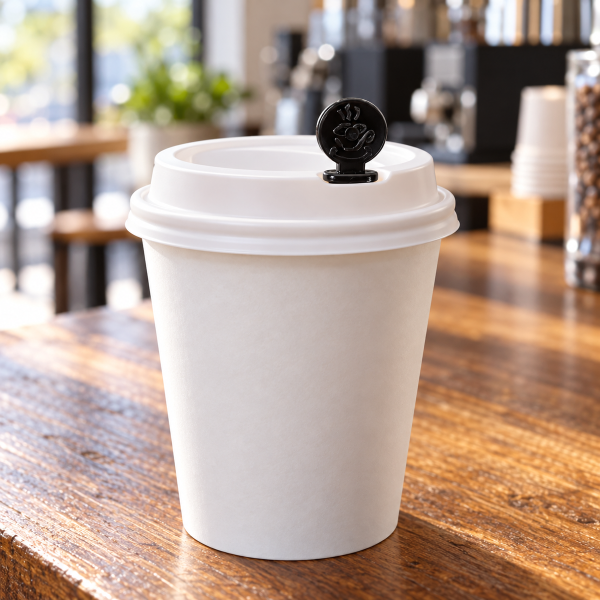 AmerCareRoyal CPLUG-BK beverage plug seated in a coffee lid; AI-assisted use example, cup and lid sold separately