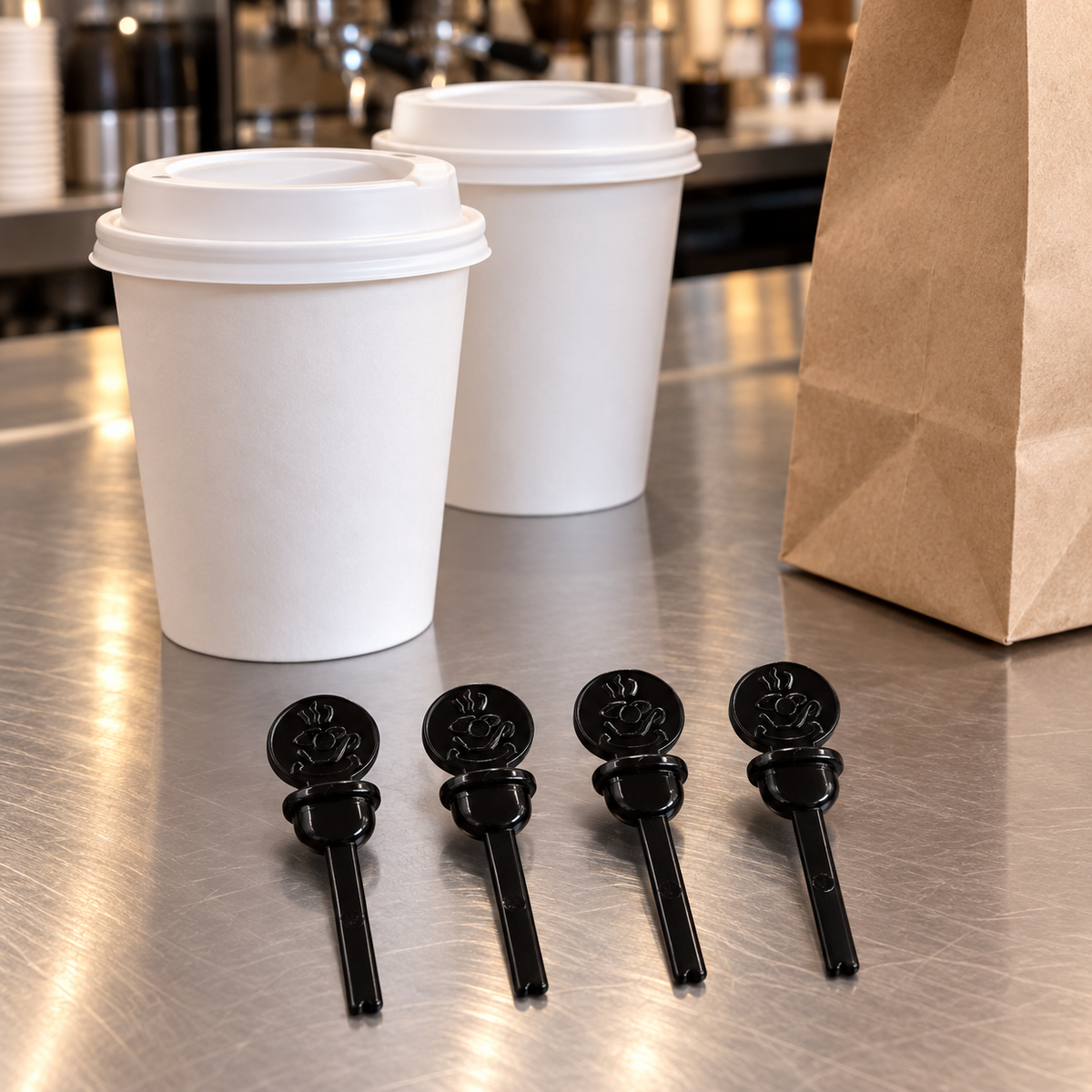AmerCareRoyal CPLUG-BK beverage plugs at a coffee pickup station; AI-assisted context, other supplies sold separately