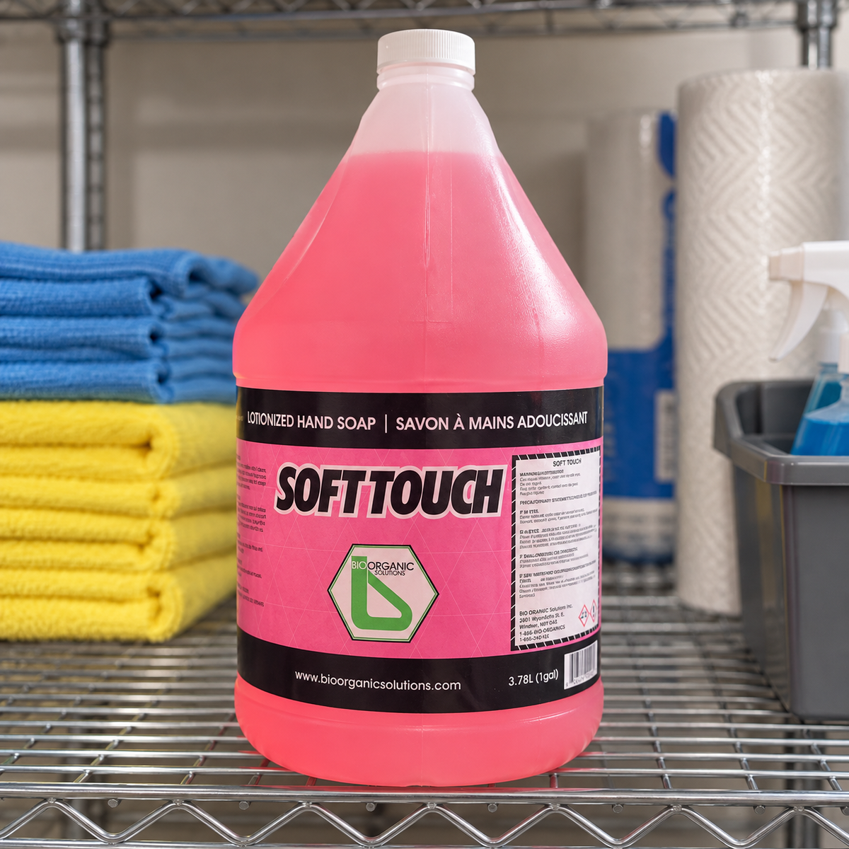 Bio Organic Solutions Soft Touch 1-gallon hand soap on a janitorial supply shelf