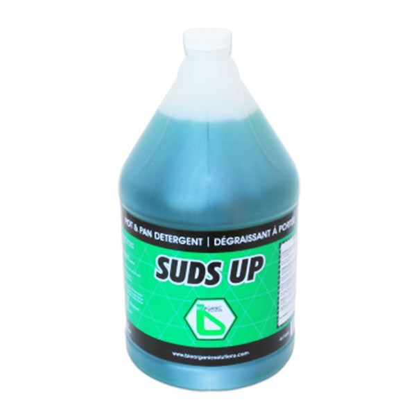 Bio Organic Solutions Suds Up green pot and pan detergent in a handled gallon jug with white screw cap, manufacturer photograph