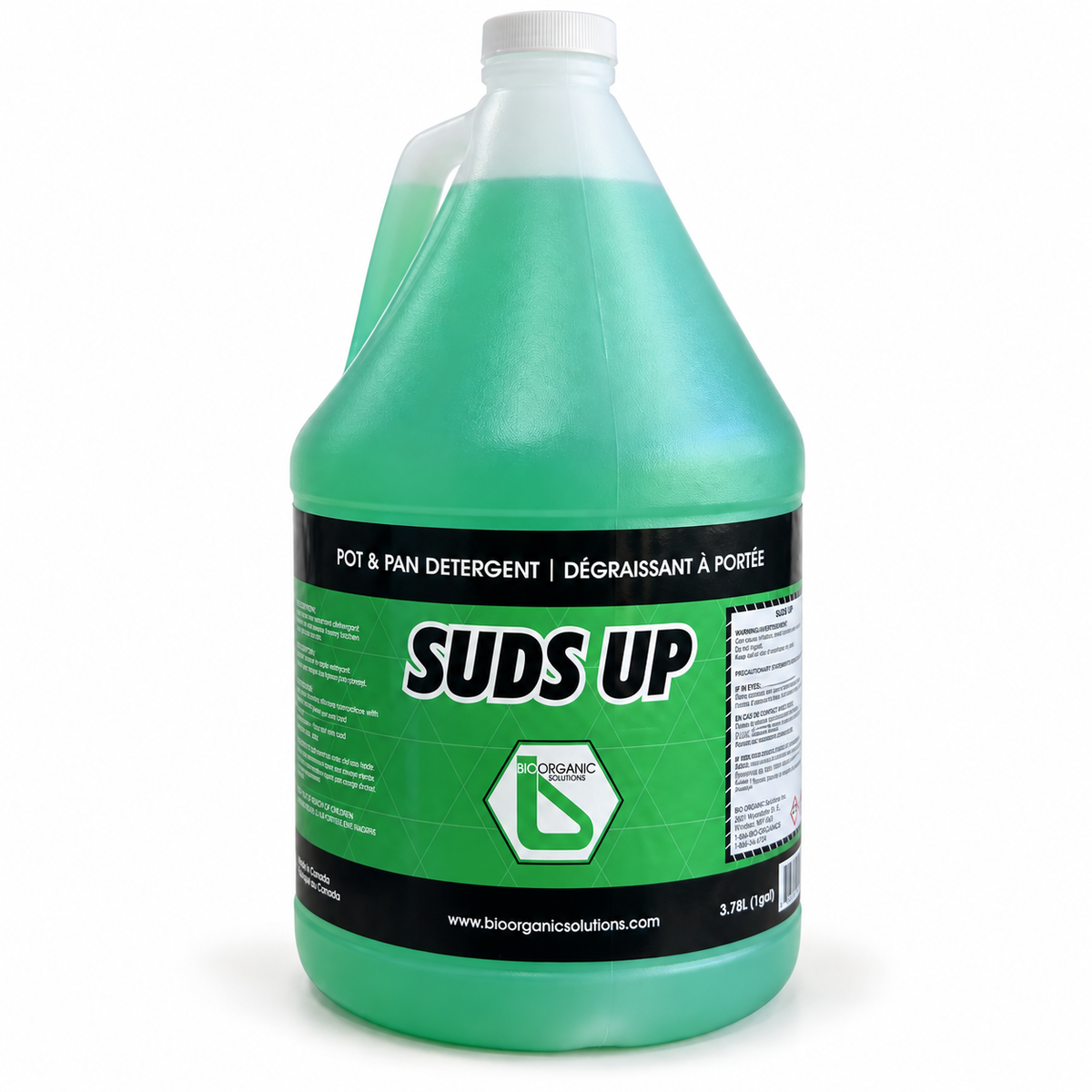 Suds Up 1-gallon green pot and pan detergent jug with white screw cap on a white background, AI-assisted product view