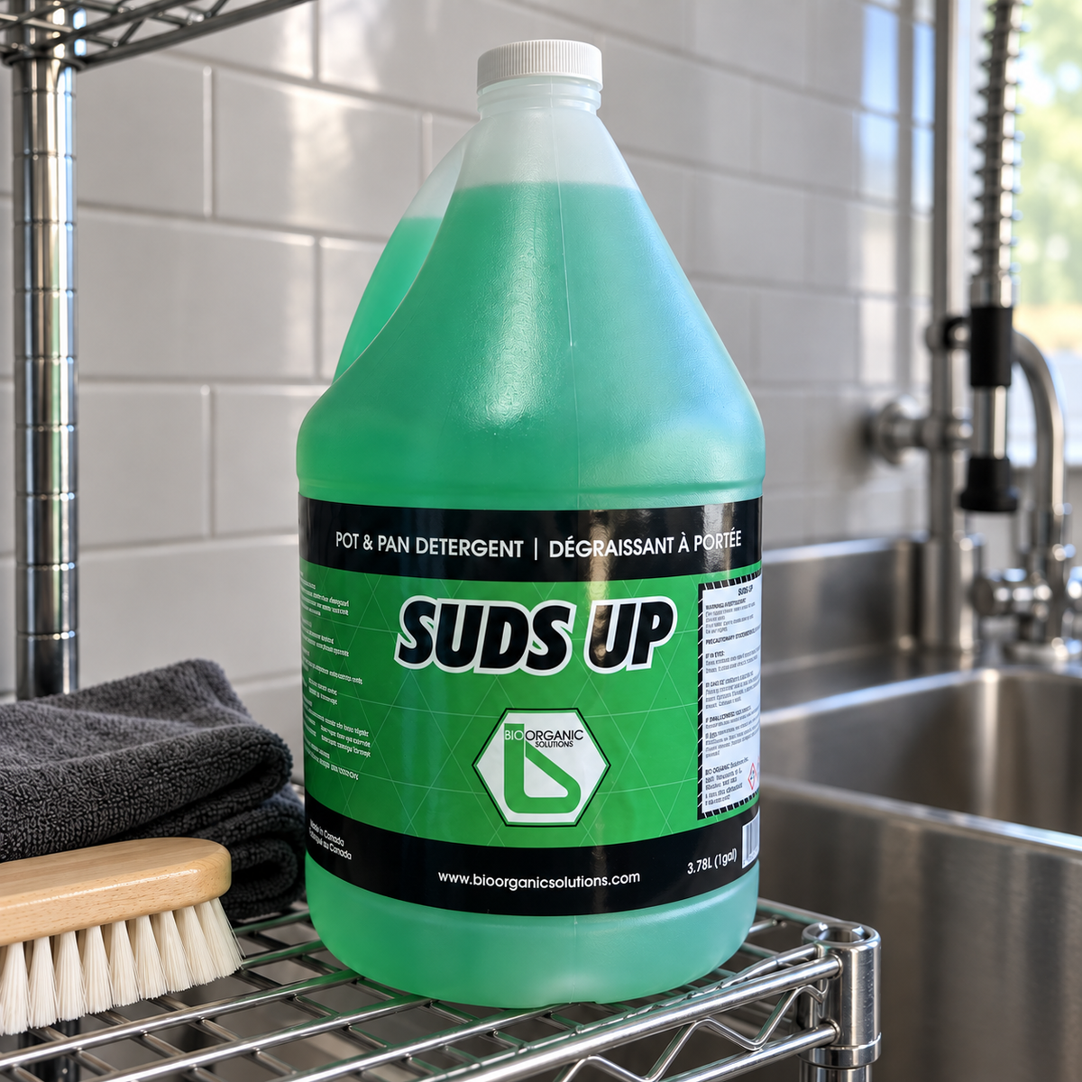 Suds Up 1-gallon detergent jug on a cleaning-supply shelf with cloths and brush, AI-assisted scene