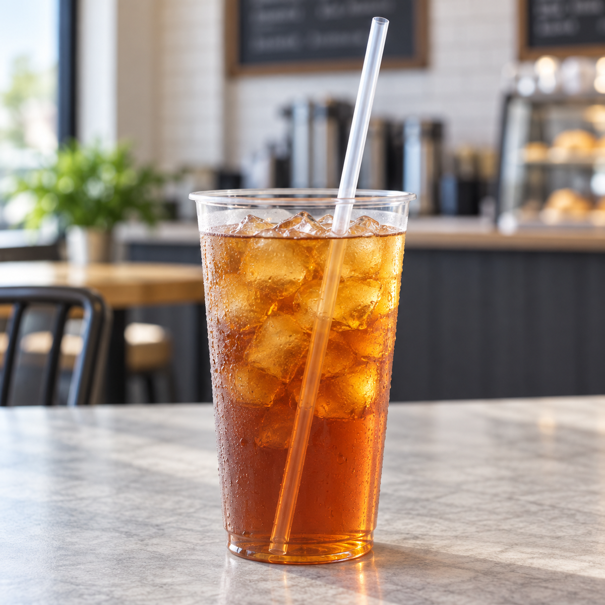 Boardwalk 10.25-inch clear giant straw in a tall cup of iced tea