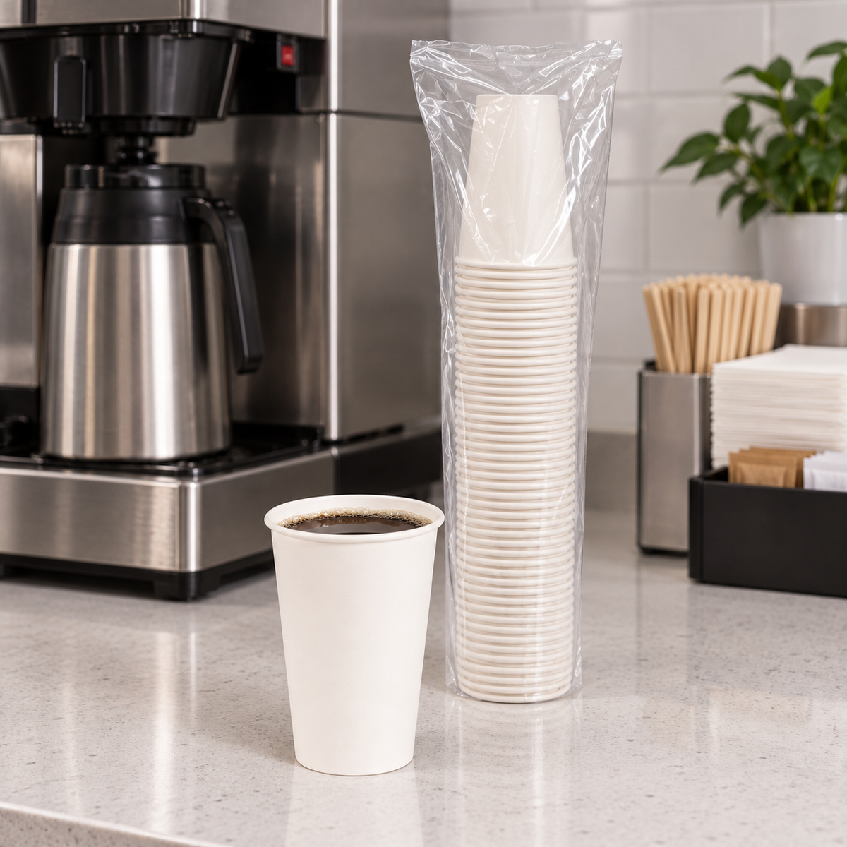 AI-assisted coffee station with a white 16 oz paper cup and protective sleeve of nested cups; illustrative setting