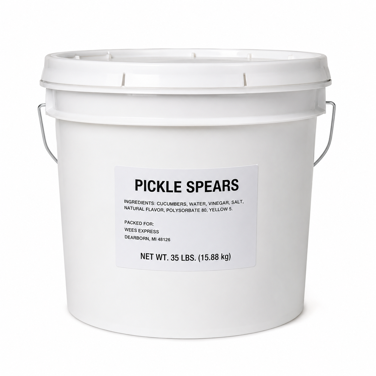 Bulk foodservice pickle spears in 5 gallon white bucket