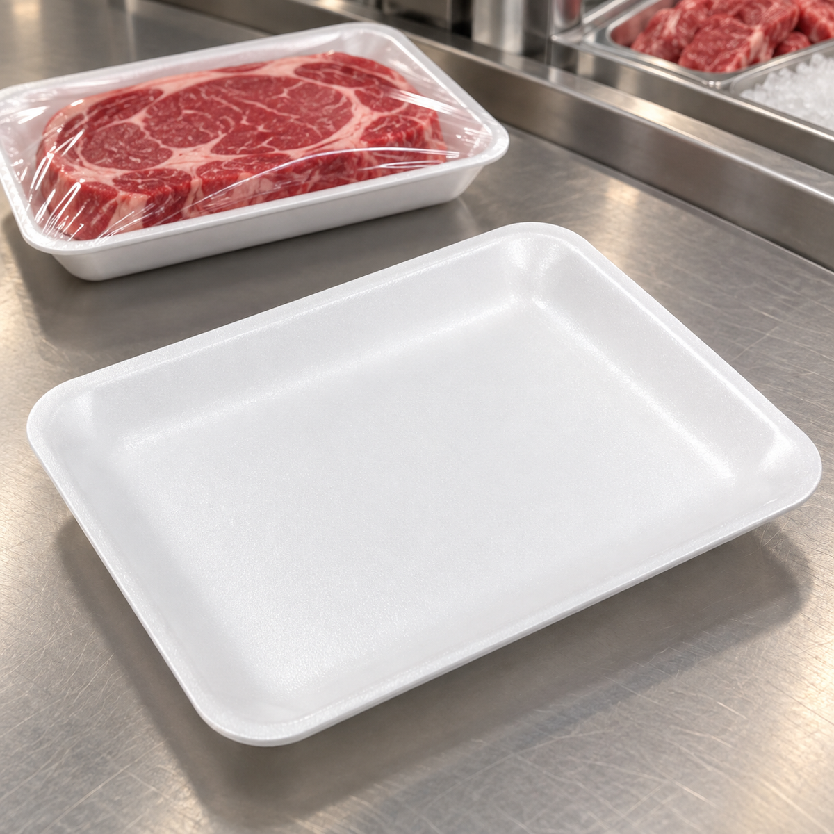 CKF 88150 white foam meat tray on a commercial meat packing counter