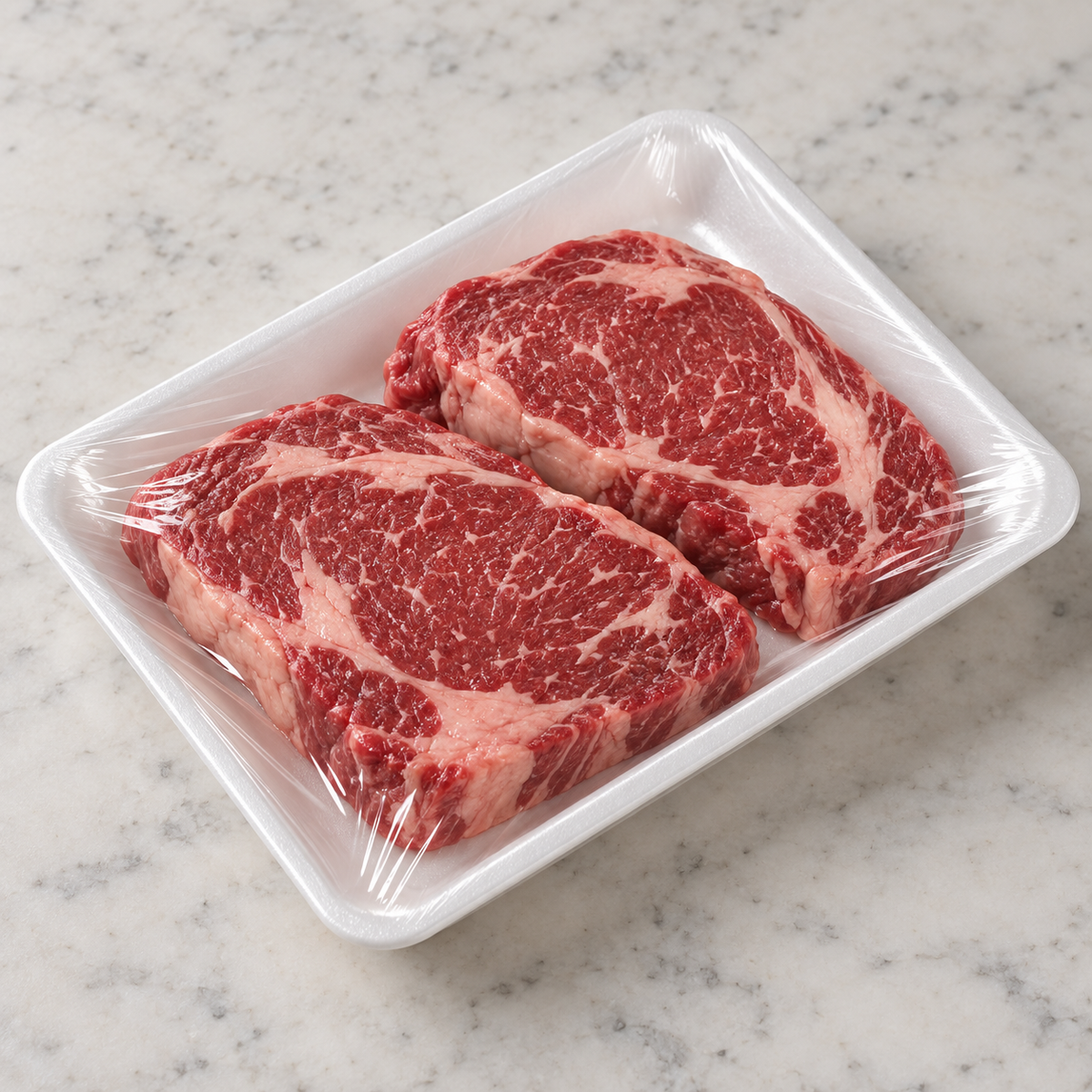 CKF 4P white foam meat tray shown with steaks and clear overwrap; food and film sold separately