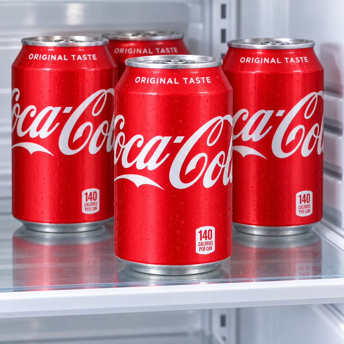 AI-assisted breakroom serving scene with Coca-Cola Original Taste 12 fl oz cans