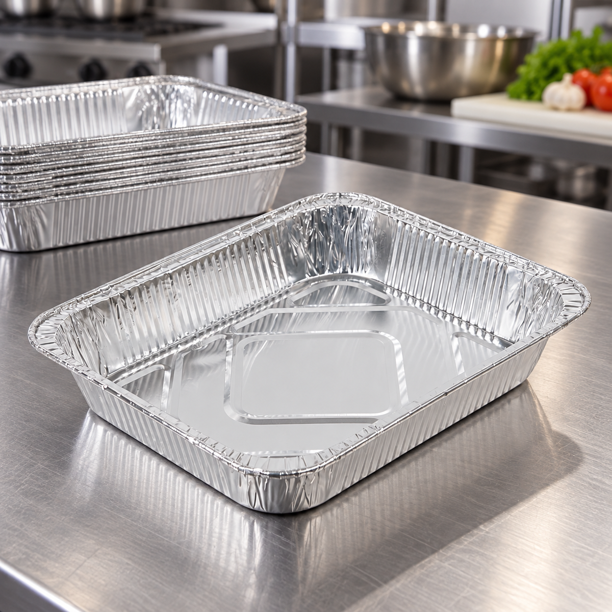 Crystalware FHSM100HD foil pan and nested pans on a commercial prep counter, AI-assisted scene