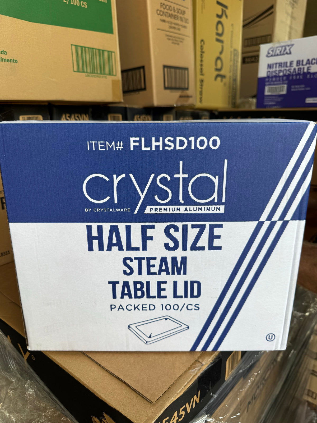 Crystalware FLHSD100 half-size steam table lid carton showing 100 lids per case