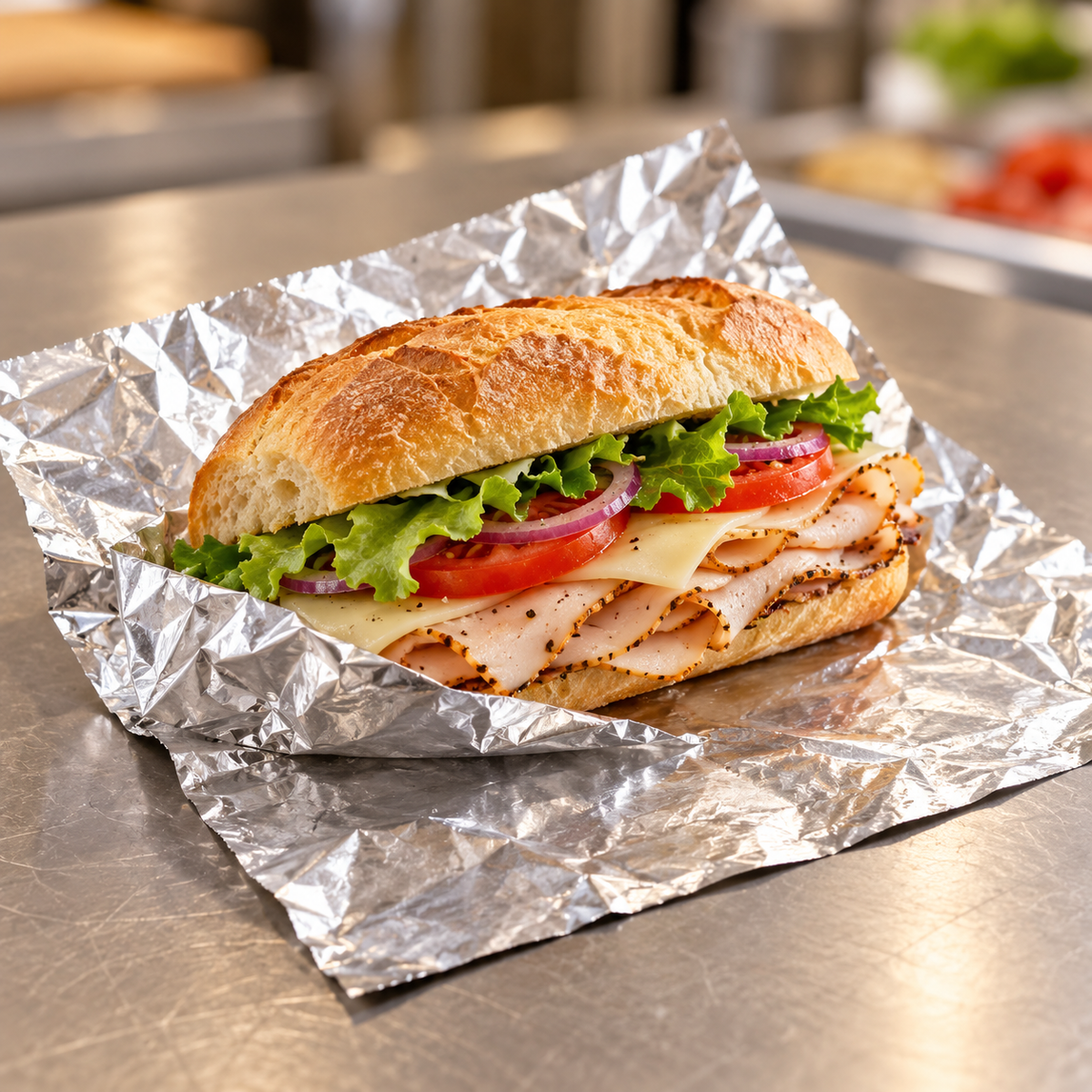 AI-assisted serving example of a deli sandwich on Crystalware 9 x 10.75 aluminum foil; food not included