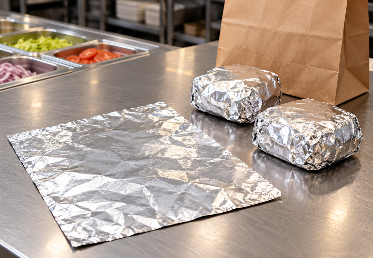 AI-assisted commercial packing scene with Crystalware foil sheets and wrapped portions; props not included