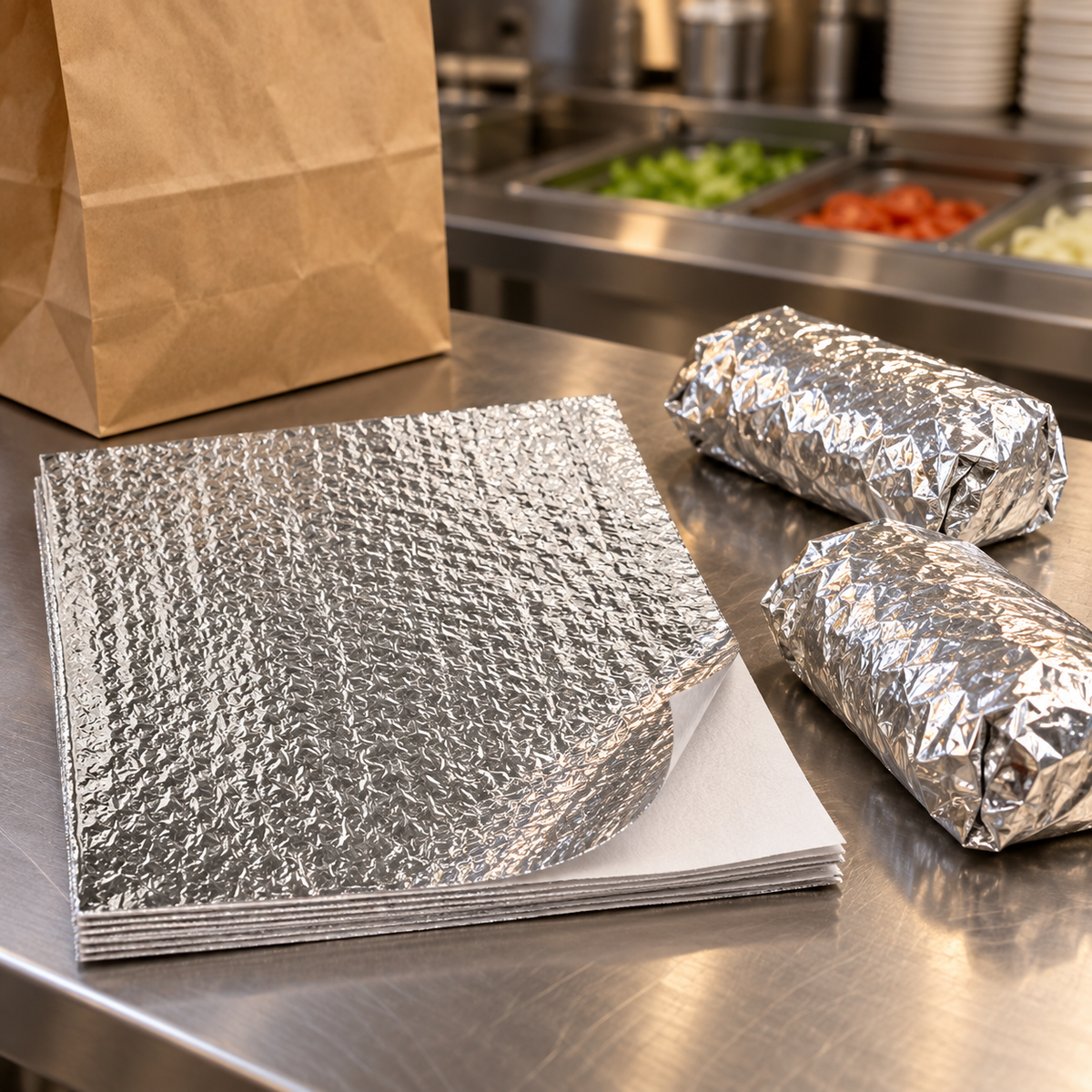 Crystalware insulated foil wrap sheets at a sandwich packing station