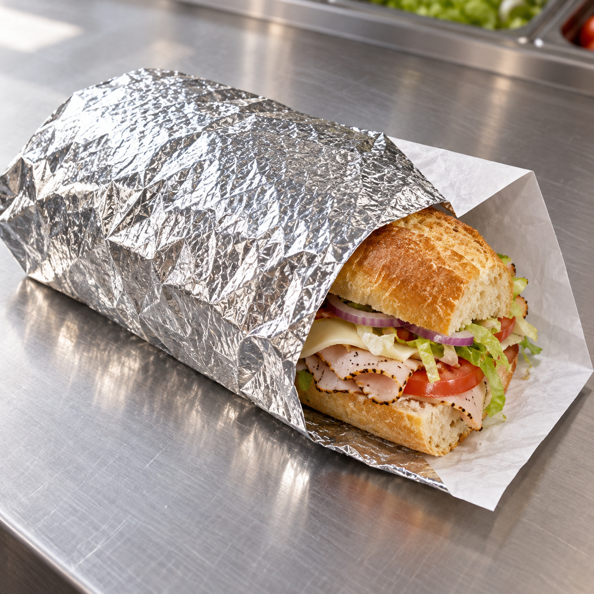 Sandwich wrapped in Crystalware 14 x 16 inch insulated foil with paper backing