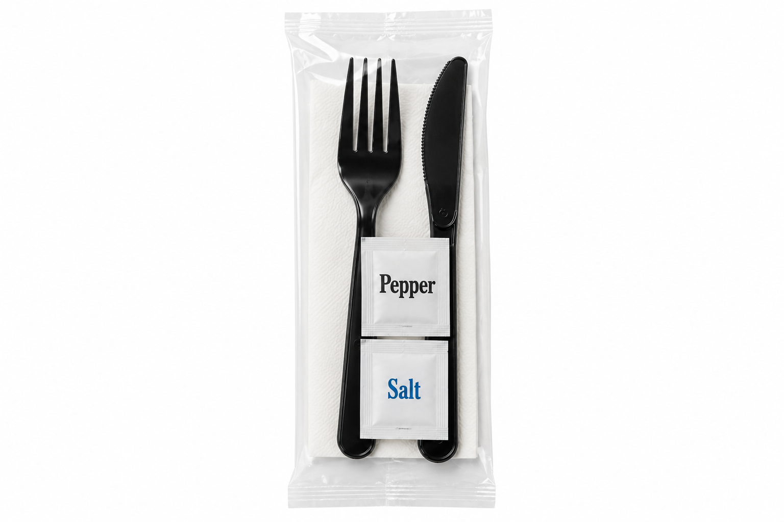 Crystalware SL5PBFKNSP250 black disposable cutlery kit showing included fork, knife, teaspoon, condiment service, and napkin