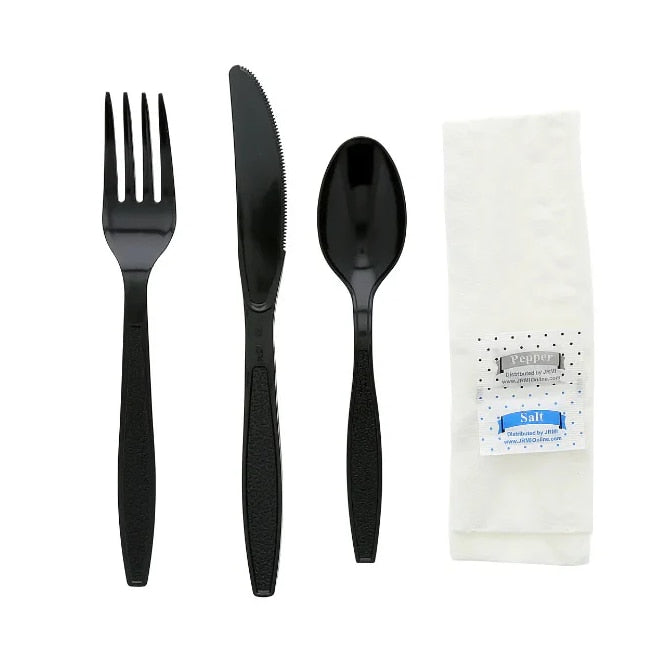 Crystalware Sleek black 6-piece PP cutlery kit with fork, knife, teaspoon, napkin, salt and pepper, 250 kits per case