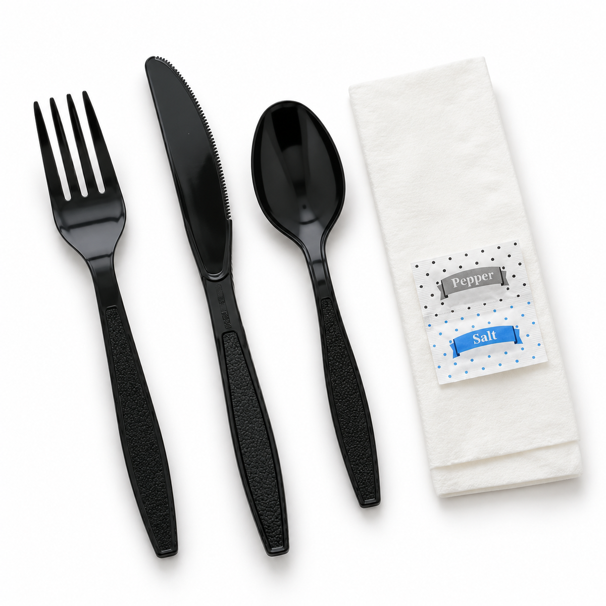 Crystalware SL6PBFKTSPN black cutlery kit showing all included components in an AI-assisted detail view