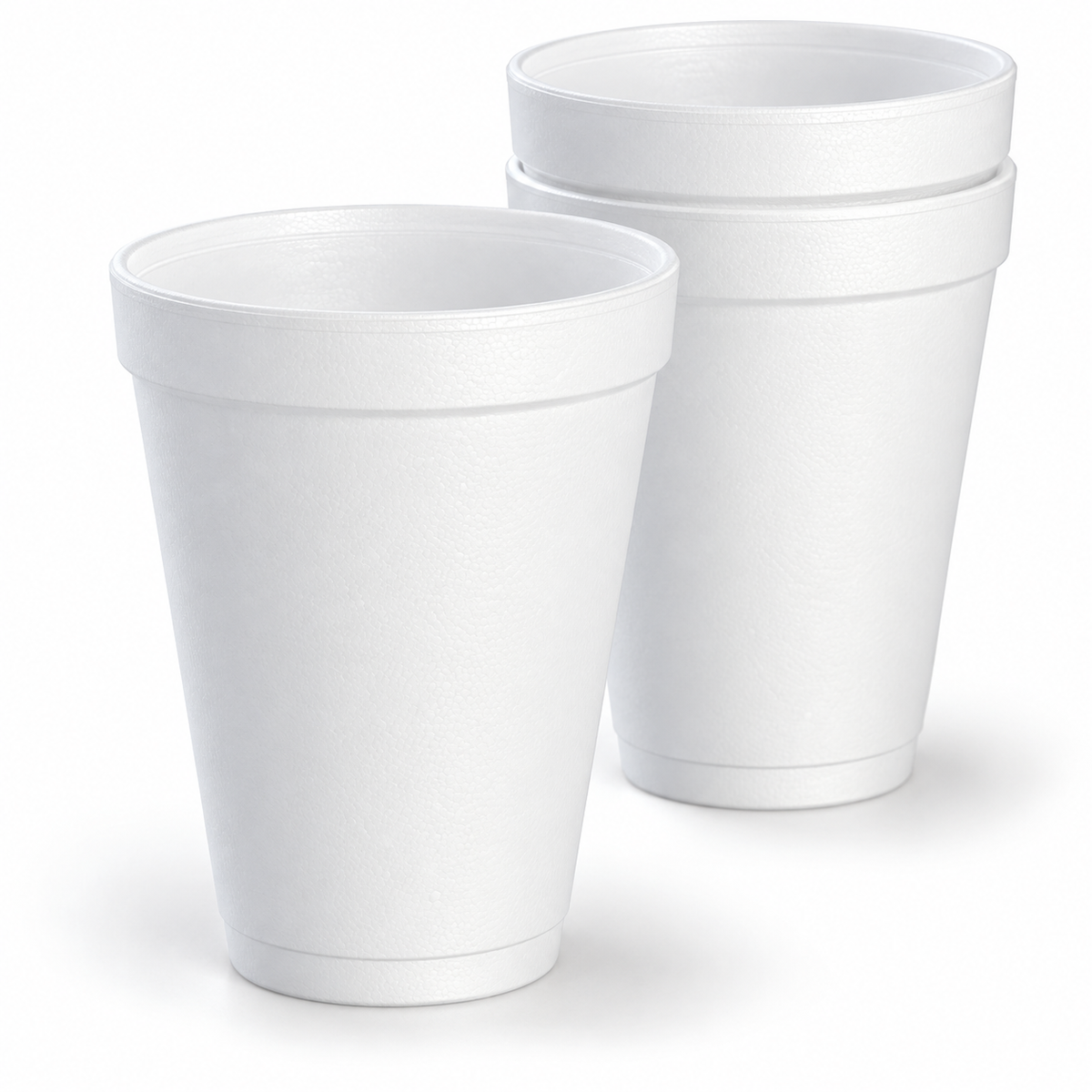 Dart 12J12 white 12 oz foam cup with nested cups showing the rim and tapered shape